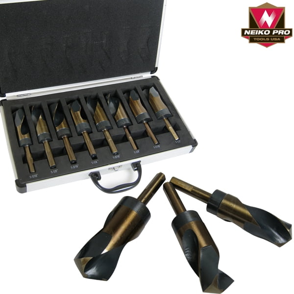 1-1/2" DRILL SET W/ 1/2" SHANK HSS IN WOOD CASE SILVER AND DEMING 8 PC 1-1/16" 1-1/2" DRILL SET W/ 1/2" SHANK HSS IN WOOD CASE SILVER AND DEMING 8 PC 1-1/16"